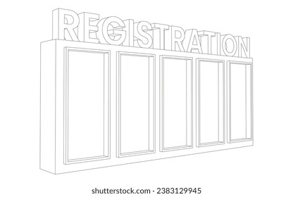 3d backdrop wall blank LED TV screen banner with big text REGISTRATION totem signage colorful style decoration for event exhibition. Vector editable isolated sketch outline drawing coloring.