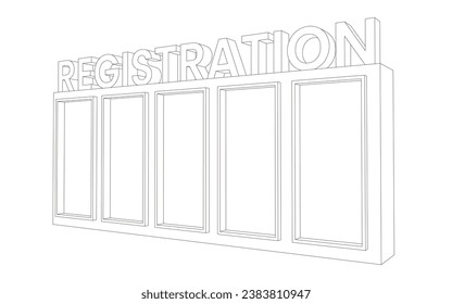 3d backdrop wall blank LED TV screen banner with big text REGISTRATION totem signage colorful style decoration for event exhibition. Vector editable isolated sketch outline drawing coloring.