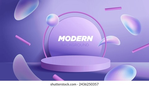 Escena abstracta del fondo 3d. Podio de pedestal de cilindro morado realista con formas flotantes. Telón de fondo para el diseño de productos en color mate claro. Plataforma geométrica vectorial en estilo minimalista.