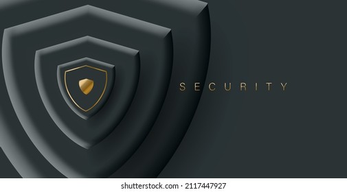 3d background with black shields shapes layering from large to small, volume composition with golden shiels in the center and security text, wallpaper