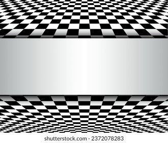 Fondo 3D con un patrón de tablero de ajedrez en blanco y negro y un cartel blanco en el medio, ilustración vectorial.
