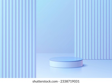 3D background with blue hologram cylinder pedestal podium and vertical pattern partition wall scene. Abstract composition in minimal design. Platforms for product display presentation. Stage showcase.