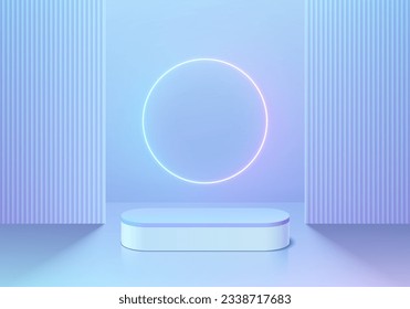 3D background with blue hologram round podium pedestal and circle glow neon, Vertical pattern wall scene. Abstract composition in minimal design. Platforms product display presentation. Stage showcase