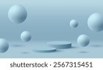 3D background blue podium product display with bounce sphere ball or floating bubble wall scene.