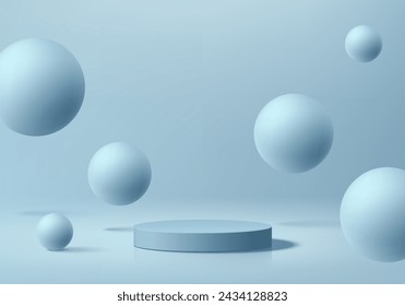 3D background blue podium product display with bounce sphere ball or floating bubble wall scene. Platforms mockup product display presentation. Abstract composition in minimal design. Stage showcase.