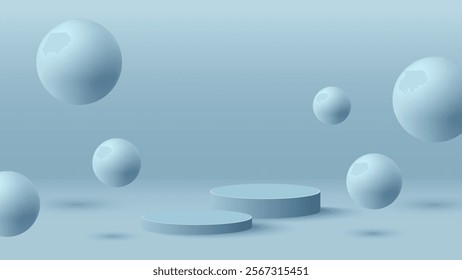 3D background blue podium product display with bounce sphere ball or floating bubble wall scene.