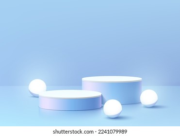 3D background with blue realistic cylinder pedestal podium, Glowing neon light sphere balls. Futuristic minimal wall scene mockup product display. Vector abstract geometric forms. Stage for showcase.