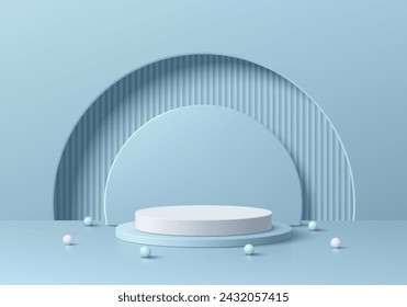 3D background with blue, white podium product display in semi circle gate and sphere ball scene. Platforms mockup product display presentation. Abstract composition in minimal design. Stage showcase.