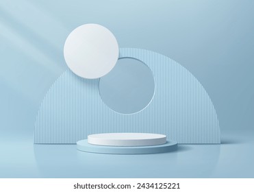 3D background with blue, white podium product display in semi circle backdrop and sphere ball. Platforms mockup product display presentation. Abstract composition in minimal design. Stage showcase.