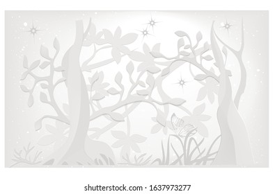 3d background for catalog, banner, presentation. A magical forest cut out of paper.