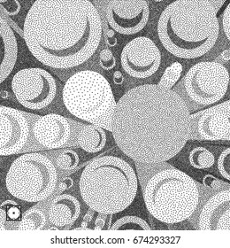 3d background, cylinders. Black and white grainy design. Pointillism pattern. Stippling effect. Vector illustration.