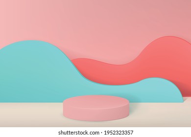 fondo 3d con un pedestal vacío para la demostración de productos de estilo minimalista con paredes en forma de olas en colores pastel. Cilindro volumétrico con plataforma para publicidad.