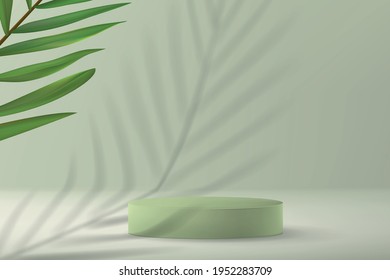 3d background with an empty pedestal to showcase the product in a minimalist style with a palm plant and a shadow in pastel green. Cylindrical pedestal for displaying cosmetics.