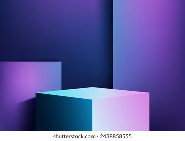 3D-Hintergrund mit abstrakten geometrischen Formen in einem neonfarbenen coolen lila und blauen Farbschema. Ideal für Technologie-Präsentationen und Sci-Fi-Konzepte. Vektorgrafik