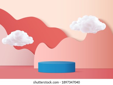 3d background free hand product valentine podium in love platform. cloud background vector 3d rendering with cloud podium. Blue podium to show cosmetic products 3d. Stage romance showcase on pedestal