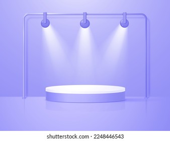 Estadio geométrico de fondo 3D con un podio iluminado por focos para la presentación de su producto. Ilustración vectorial.