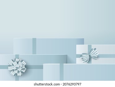 3d background gift box with blue bow display product for Christmas. Product display background vector 3d rendering with minimal podium studio. stand for cosmetics on blue gift box in new year 2022