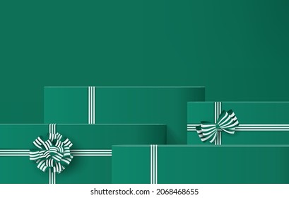 3d caja de regalo de fondo con producto de visualización de arco verde para Navidad. Representación 3d del vector de fondo del producto con estudio de podio mínimo. stand for cosméticos en caja de regalo verde en año nuevo