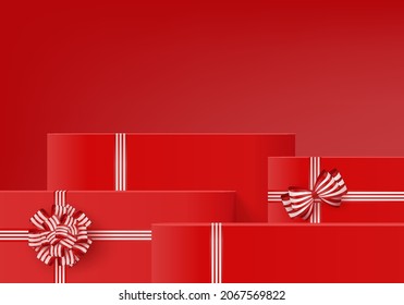 3d background gift box with red bow display product for Christmas. Product display background vector 3d rendering with minimal podium studio. stand for cosmetic on red gift box in new year day