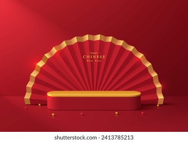 3D background gold, red round stand product podium with paper fan in chinese style backdrop. Happy chinese new year minimal scene mockup product display. Abstract geometric platform. Stage showcase.