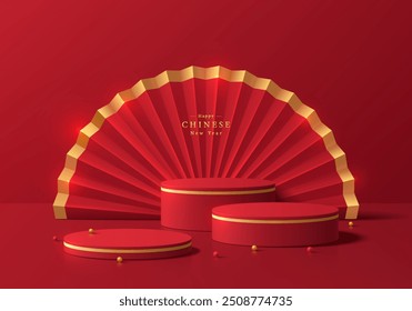 3D-Hintergrund gold, roter runder Ständer Produktpodium mit Papierfächer im chinesischen Stil Hintergrund. Happy chinesischen Neujahr minimale Szene mockup Produktanzeige. Abstrakte geometrische Plattform. Bühnenshow.