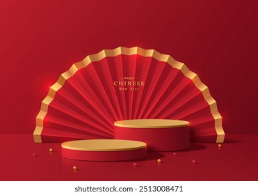 Ouro de fundo 3D, pódio de produto de suporte redondo vermelho com ventilador de papel em fundo estilo chinês. Feliz ano novo chinês mínimo cena mockup exposição do produto. Plataforma geométrica abstrata. Exibição de palco.