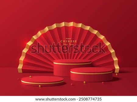 3D background gold, red round stand product podium with paper fan in chinese style backdrop. Happy chinese new year minimal scene mockup product display. Abstract geometric platform. Stage showcase.