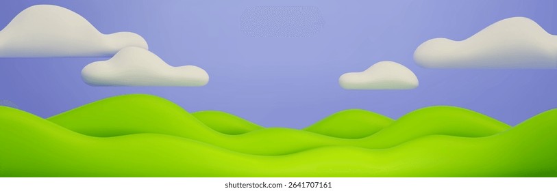 3D background with green hills and blue sky. Vector realistic illustration of seamless panorama of spring or summer landscape, plasticine field and clouds, beautiful natural background, meadow lawn