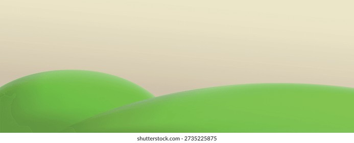 3d background with green mountain. Cute cartoon scene with green grass hills and sunny backdrop