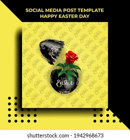 3d background Happy Easter Day with realistic the egg split into two parts and rose flower. Social media post template, banner, post card, cover, poster and greeting cards. 3d vector illustration