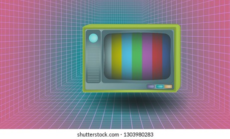 3D Background Illustration. 80's scene, TV signal, Synthwave, Vaporwave, Glowing neon, Light grid landscapes. Eps10 Vector.