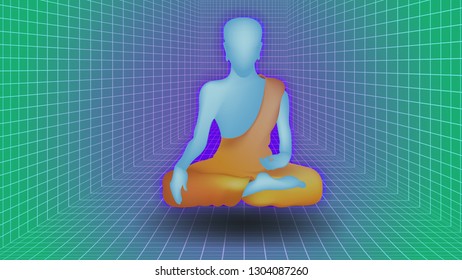 3D Background Illustration. Buddha. Synthetic, Vaporwave, Glowing neon, Light grid landscapes, Retro futuristic. Eps10 Vector.