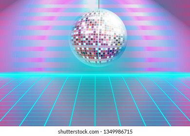 3D Background Illustration. Party, weekends, holidays, disco ball. 80's scene, Synthwave, Spotlights, Glowing neon, Light grid landscapes. Eps10 Vector.