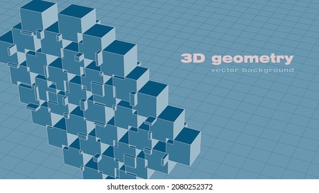 3d background of intersecting cubes and coordinate grid. Aspect ratio 16:9. Vector illustration. There is free space for your text. Editable strokes.