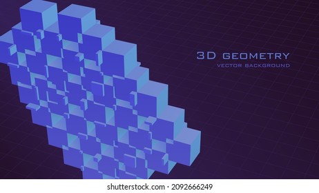 3d background of intersecting cubes and coordinate grid. Aspect ratio 16:9. Vector illustration. There is free space for your text. Editable strokes.