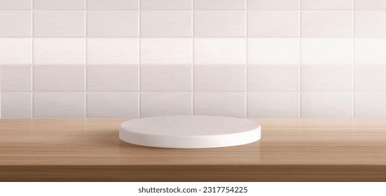 3d background with kitchen podium for display product. Empty white platform on wooden table. Presentation stage with kitchen counter, circle stand and tile wall, vector realistic illustration