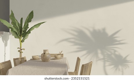 3d Background lateral stairs palm tree sun light minimal concept of modern aesthetic table and chairs fabric dish. shadow leaf