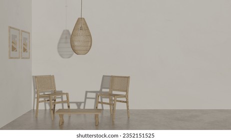 3d Background minimal concept of modern aesthetic table and chairs fabric hanging lamp shadow leaf