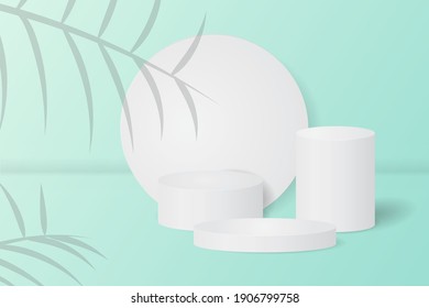3d background minimal podium scene with leaf platform. Light blue background vector 3d rendering with podium. stand to show cosmetic products 3d. Stage showcase on pedestal studio beige podium 