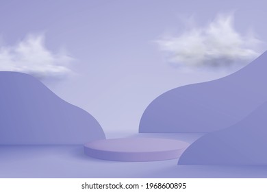 3d background with a pedestal minimalistic style. Empty podium with realistic clouds and decorations to showcase products and cosmetics.