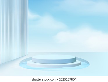 3d background platform with blue glass modern. Background vector 3d rendering crystal podium platform. stand show cosmetic product. Stage showcase on pedestal modern glass studio platform