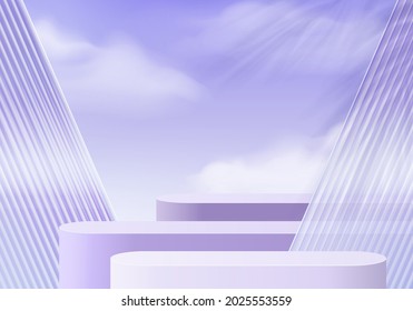 3d background platform purple glass in cloud. Background vector 3d rendering crystal podium platform. stand show cosmetic product. Stage showcase on pedestal glass studio purple background 3d platform