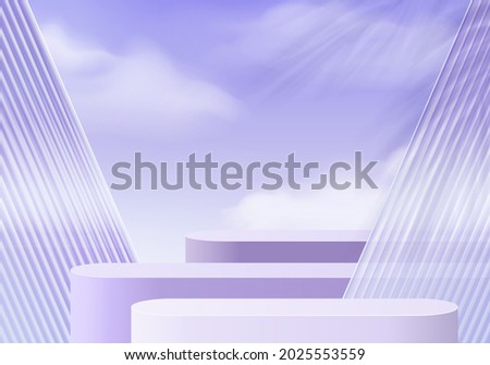 3d background platform purple glass in cloud. Background vector 3d rendering crystal podium platform. stand show cosmetic product. Stage showcase on pedestal glass studio purple background 3d platform