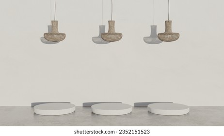 3d Background podium hanging lamp fabric sun light minimal concept of modern aesthetic.A