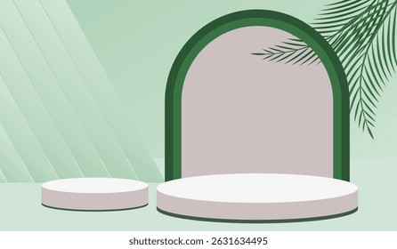 3D background podium image with leaves geometric plants. Stage to show products showcases on pedestal template for web banner, sales, poster, ads