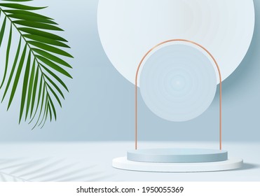 3d background product display podium scene with green leaf geometric platform. background vector 3d render with podium. stand to show cosmetic product. Stage showcase on pedestal display blue studio