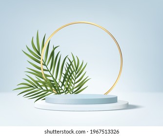 3d background product display podium scene with green leaf geometric platform. background vector 3d render with podium. stand to show cosmetic product. Stage showcase pedestal display 3d blue summer