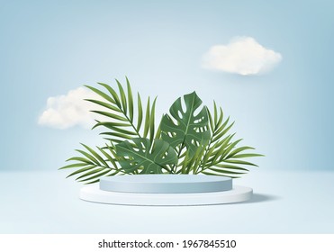 3d background product display podium scene with cloud geometric platform. cloud background vector 3d render with podium. stand to show cosmetic product. Stage showcase on pedestal display blue studio