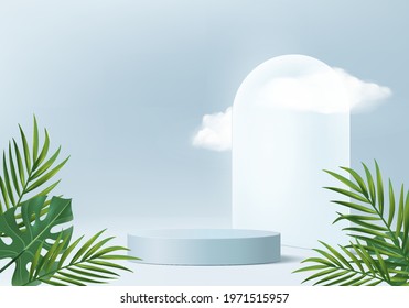3d background product display podium scene with green leaf geometric platform. background vector 3d render with podium. stand to show cosmetic product. Stage showcase on pedestal display blue studio