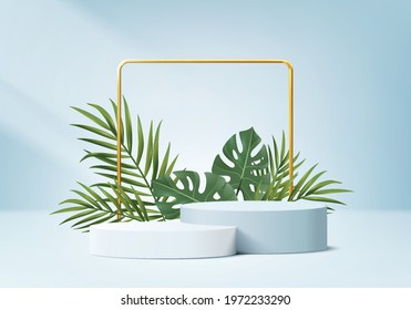 3d background product display podium scene with green leaf geometric platform. background vector 3d render with podium. stand to show cosmetic product. Stage showcase on pedestal display blue studio